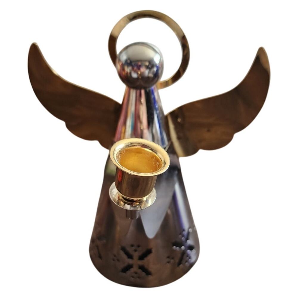 Christmas Angel Candle Holder Brass and Silver Colored Metal